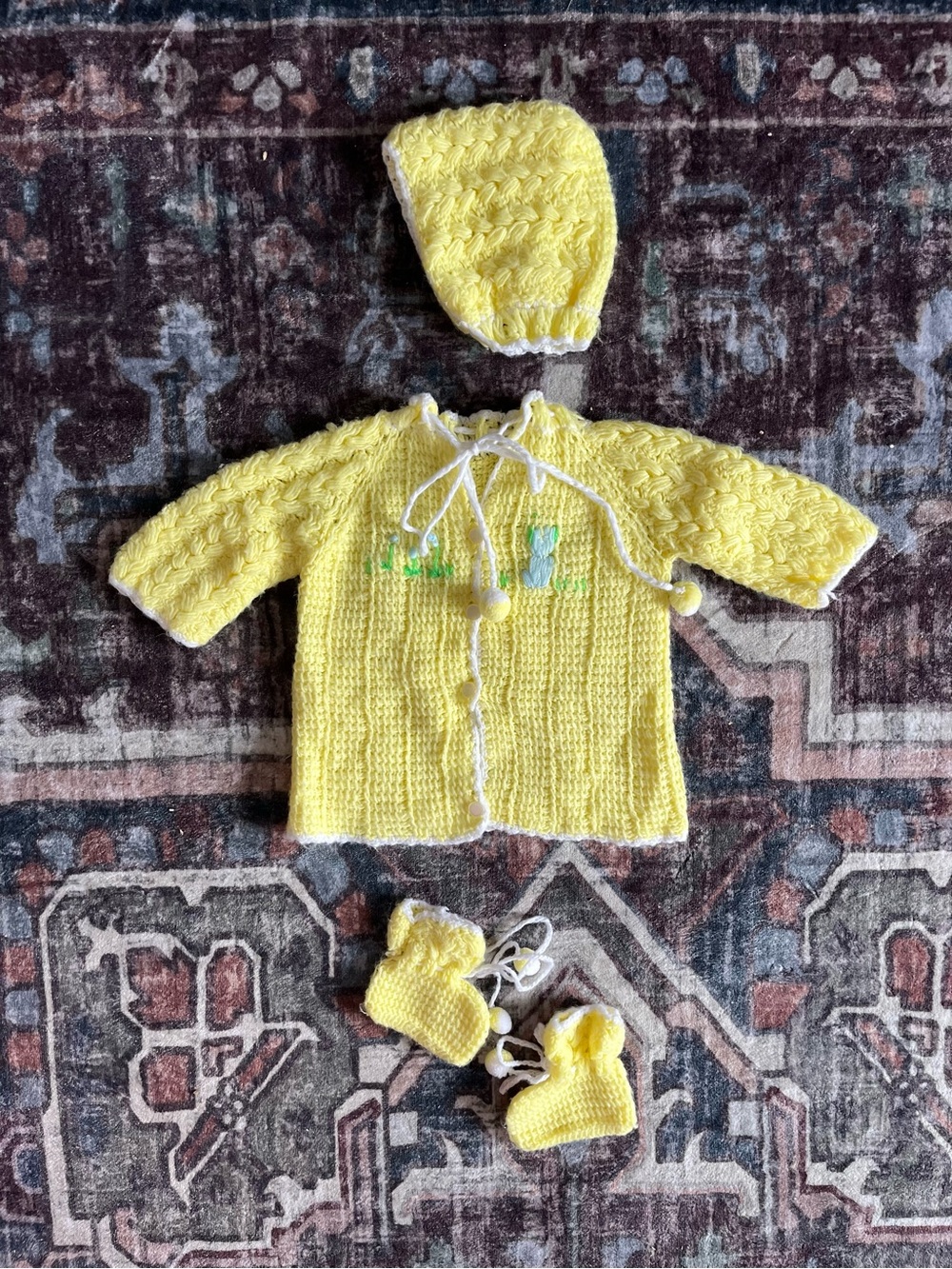 Vintage Handknit Baby Cardigan Bonnet and Sock Set in Bright Yellow
